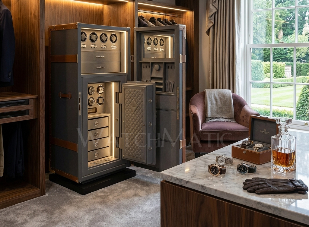 An executive home office featuring a tall luxury watch safe cabinet with high-gloss finish and LED interior lighting.